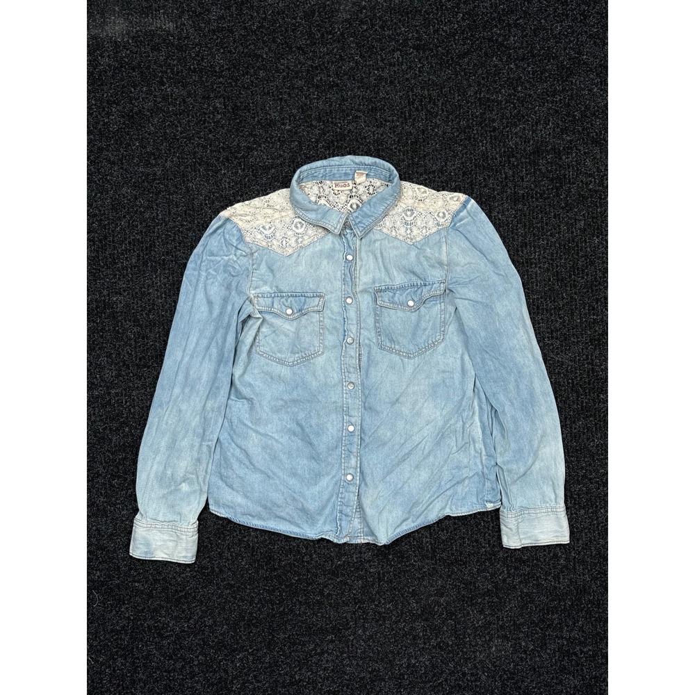 Mudd Womens Large Light Wash Denim Button Up Shirt Lace Crochet Western Boho